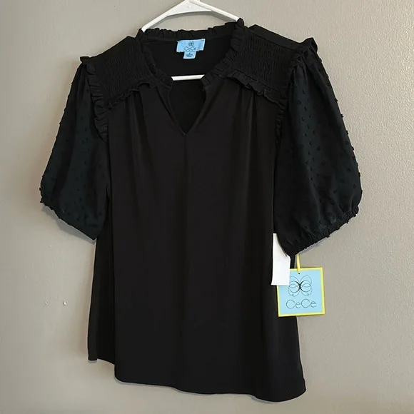 CeCe Women's Short Sleeve V-Neck Mixed Media Top - Picture 3 of 7